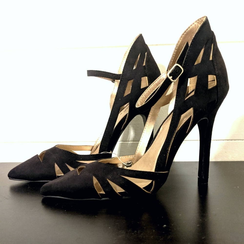 Qupid strappy suede like cut out detail heels